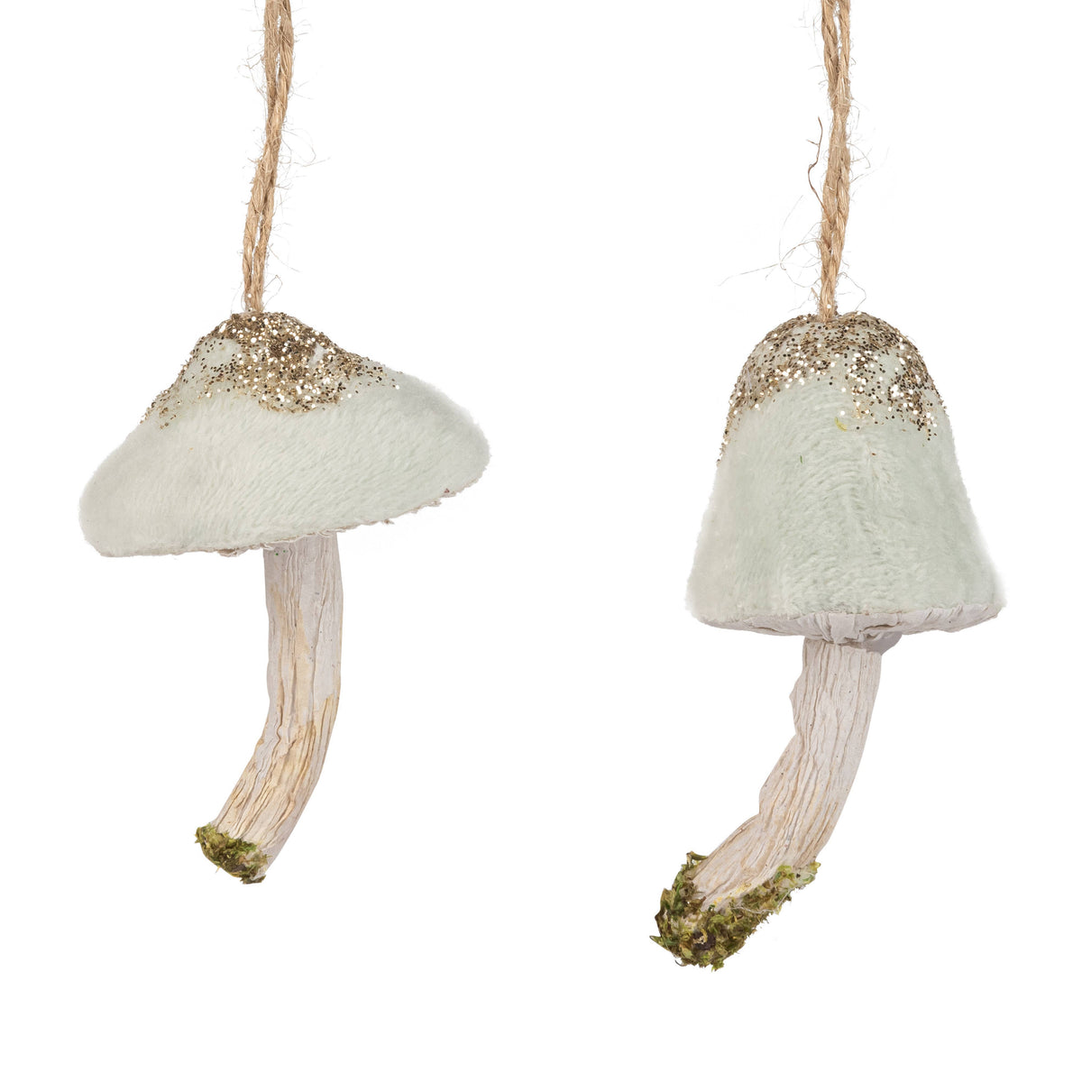 A00821:2 Asst'd velvet mroom orn, light green cap, 3 in