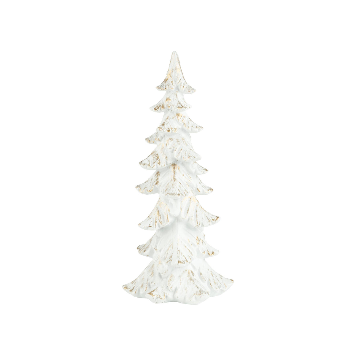 A21701:Painted resin slim spruce TP tree white/gold, 9 in