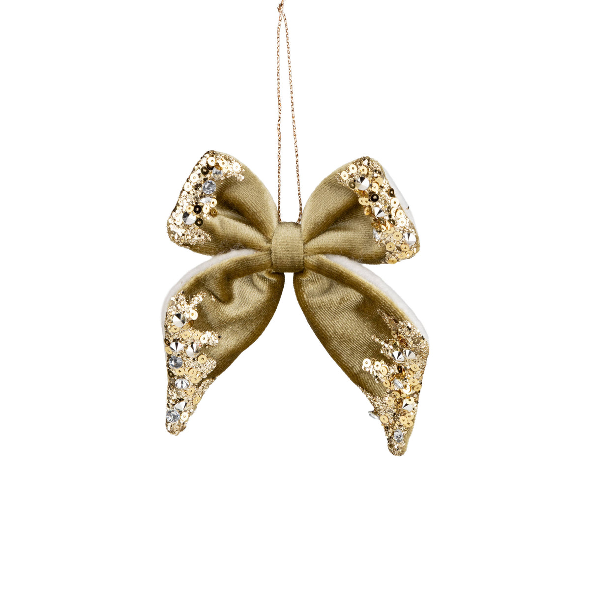 A78503:Velvet bow orn, green,gold sequin edging 4.25 in