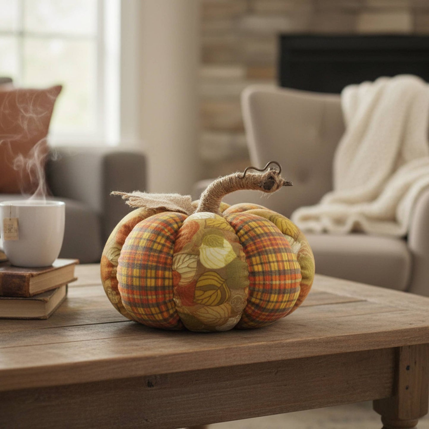 Orange Plaid/Leaf Fabric Pumpkin