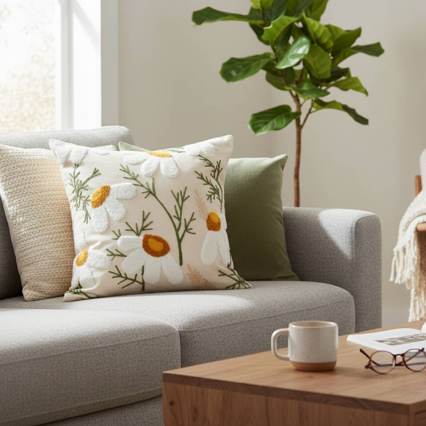 Daisies -Cotton Embroidered Pillow