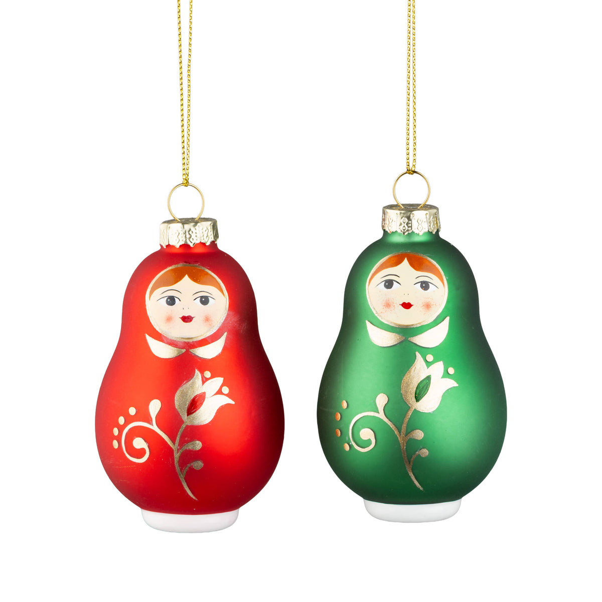 A61032:2 Asst'd gls matryoshka doll orns, rd & grn 3.5 in
