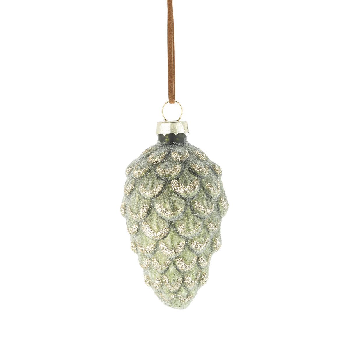 A14427:Glass pinecone orn, green/gold frosted glitter,3in