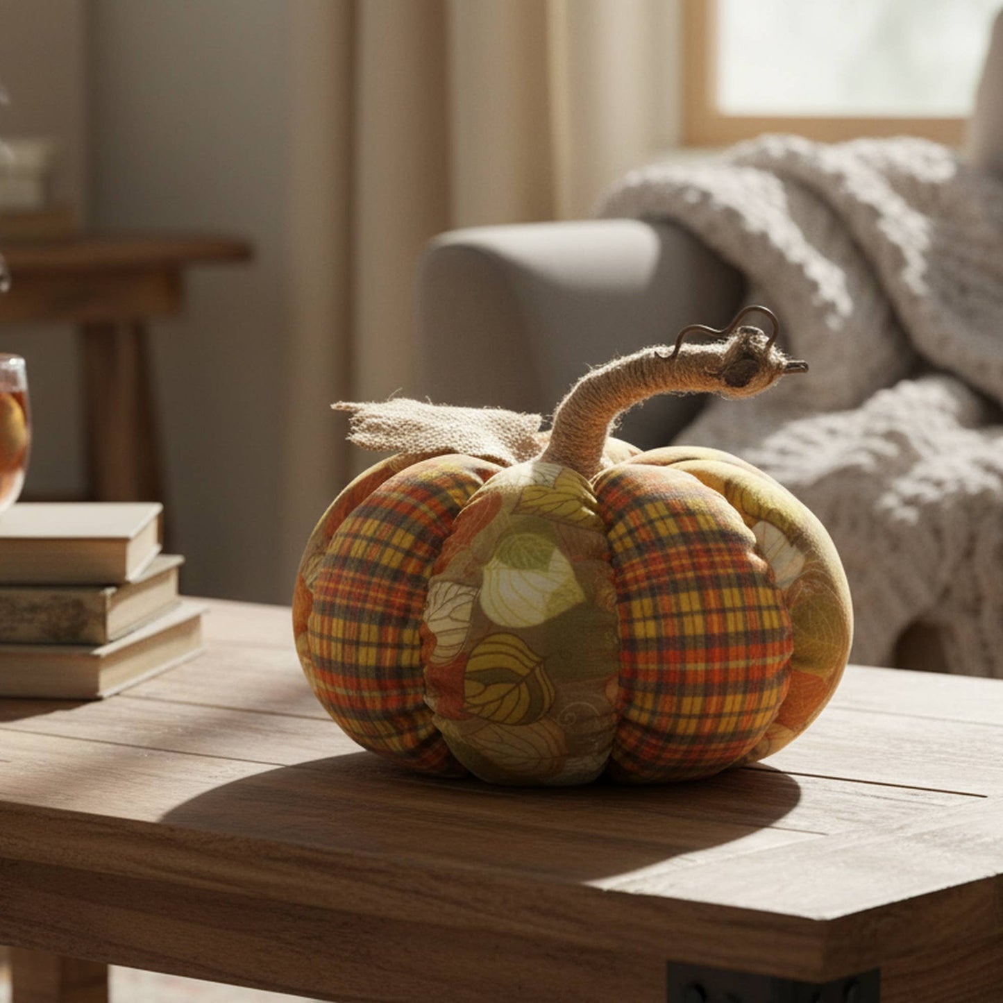 Orange Plaid/Leaf Fabric Pumpkin