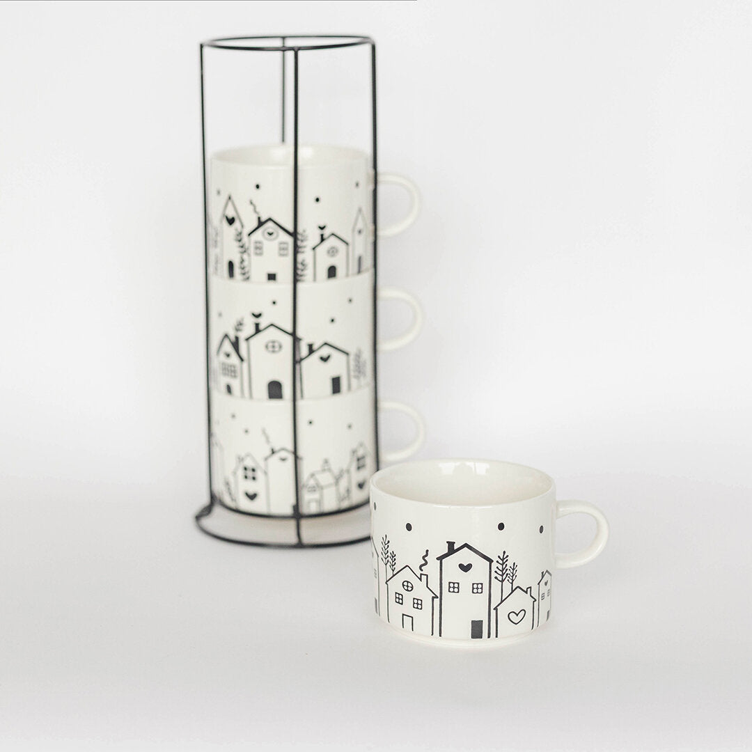 Porcelain House Mugs - Set of 4