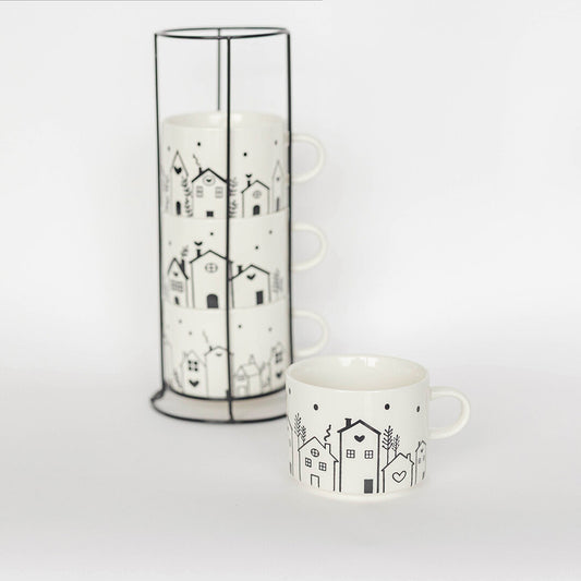 Porcelain House Mugs - Set of 4