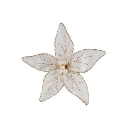 A64487:Sheer wht orgnz poinsetta clip, gld glit trim 6 in