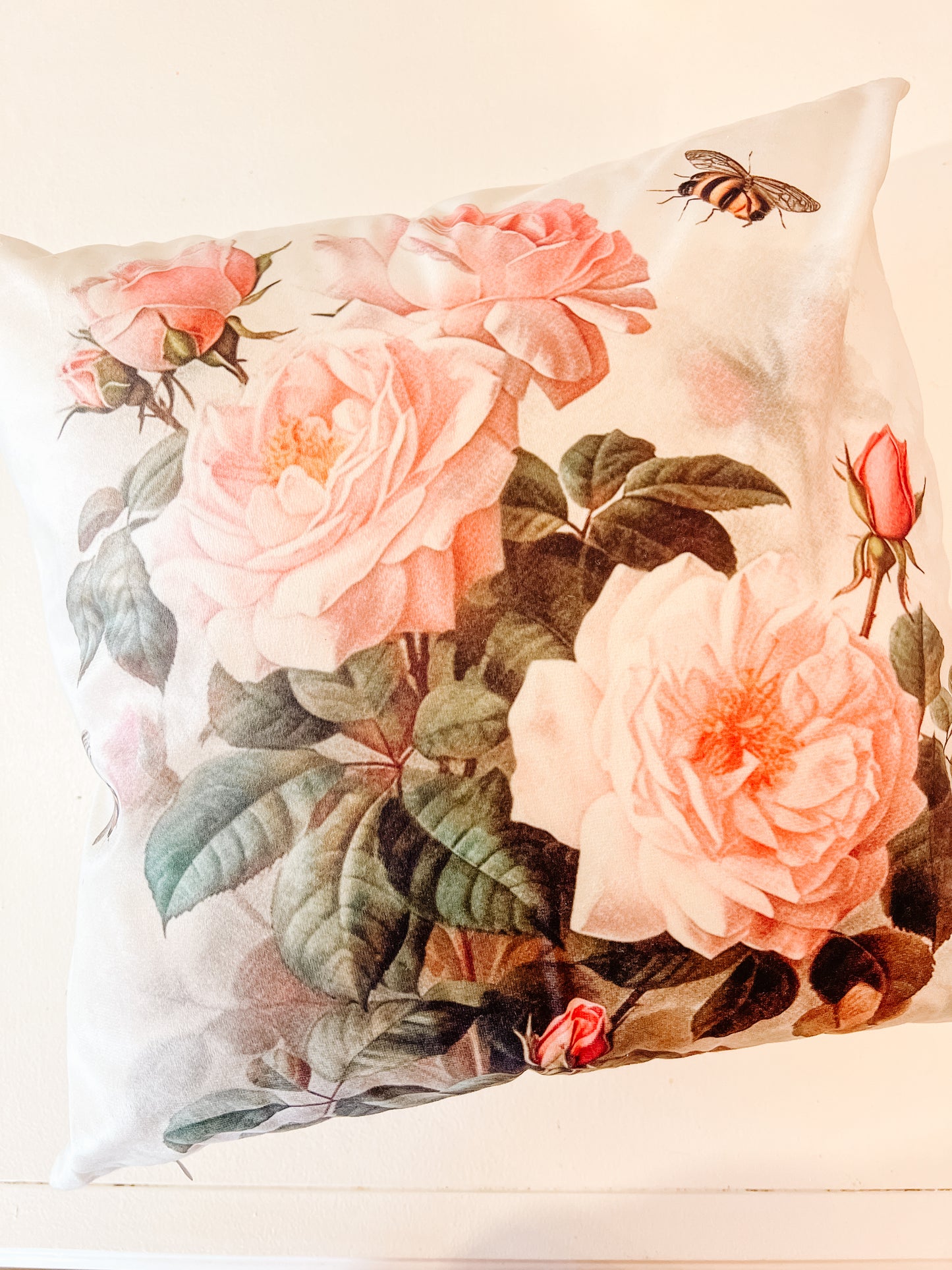 Pink Roses with Bees Pillow
