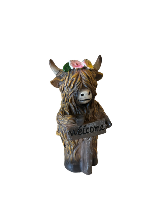 Highland Cow with Welcome Sign
