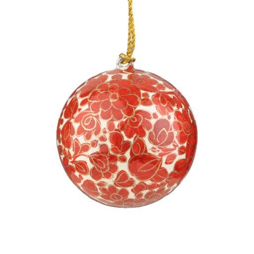 A80663:Hand painted papier mache ball orn,red and gold fl