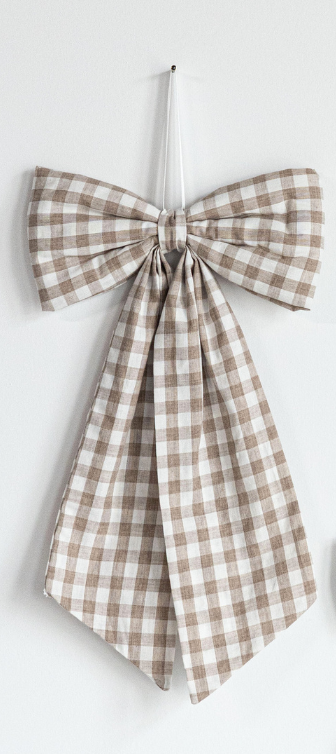 Beige Gingham Fabric Bow:Medium