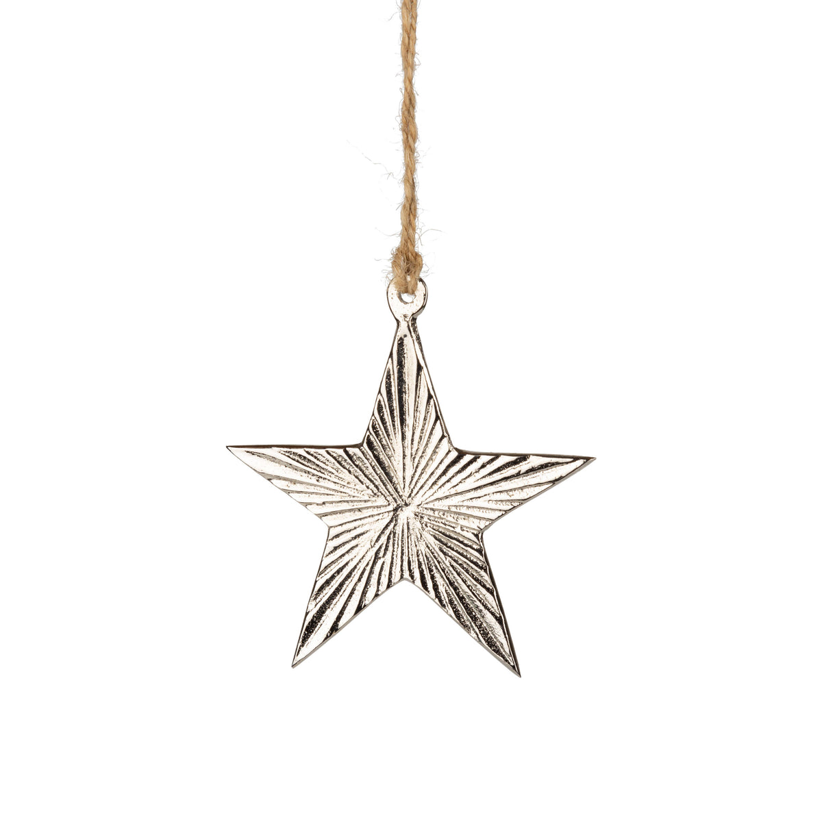 A69321:Metal silver star orn, line ridged texture, 3 in