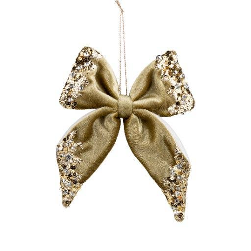 A78504:Velvet bow orn, green,gold sequin edging, 6 in